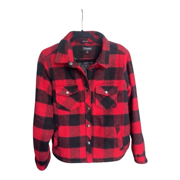 CoffeeShop Red Flannel Plaid Quilted Cropped Wool Blend Jacket Size L - Picture 1 of 17